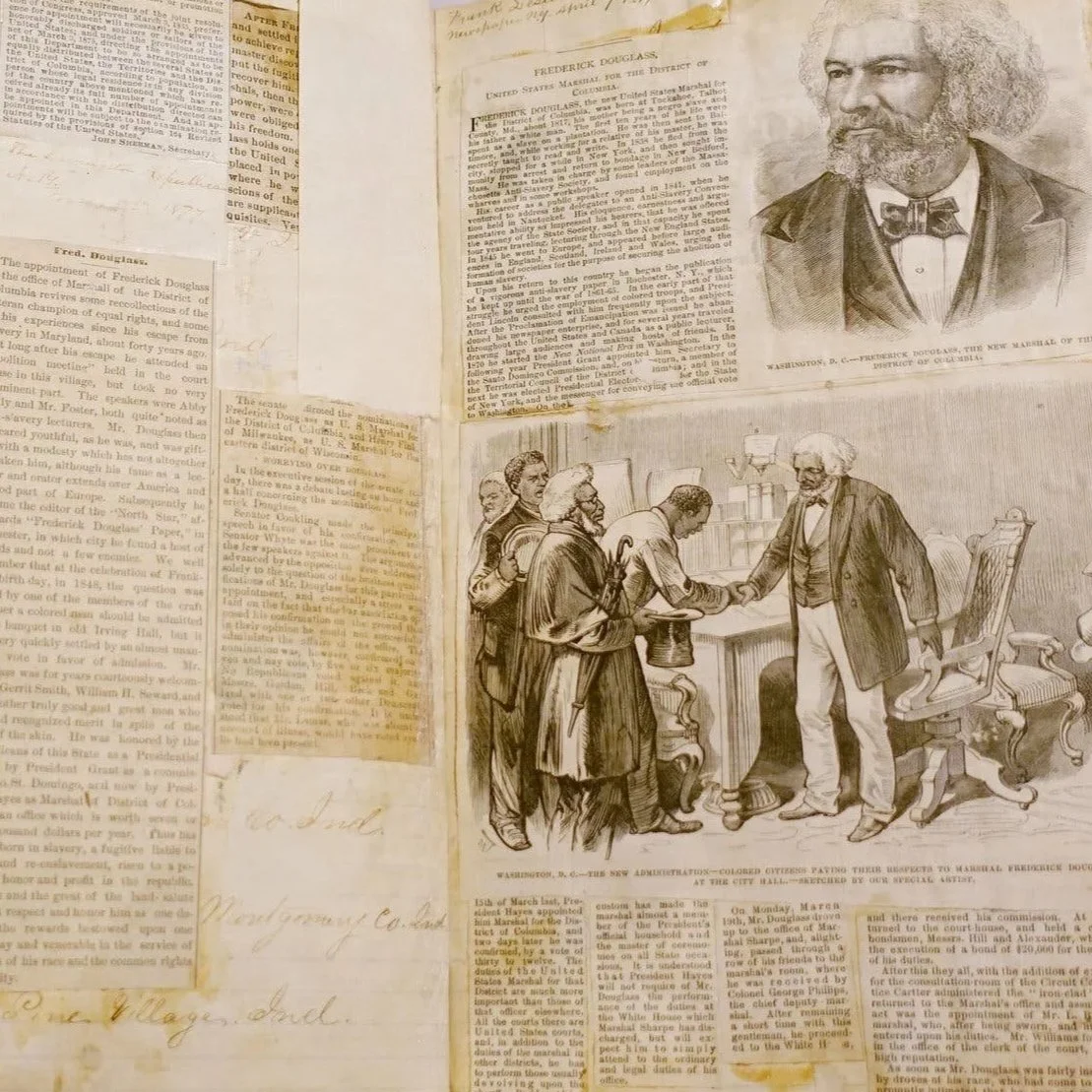 A scrapbook with a portrait to Frederick Douglass on the top right and an illustration of Douglass meeting people on the bottom right.