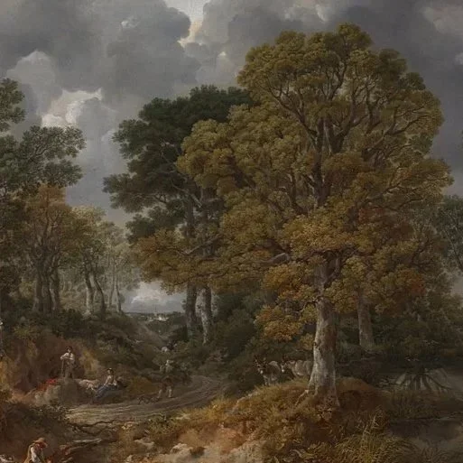 Painting by Thomas Gainsborough of Cornard Wood. A path winds through trees as peasants collect wood and graze animals.