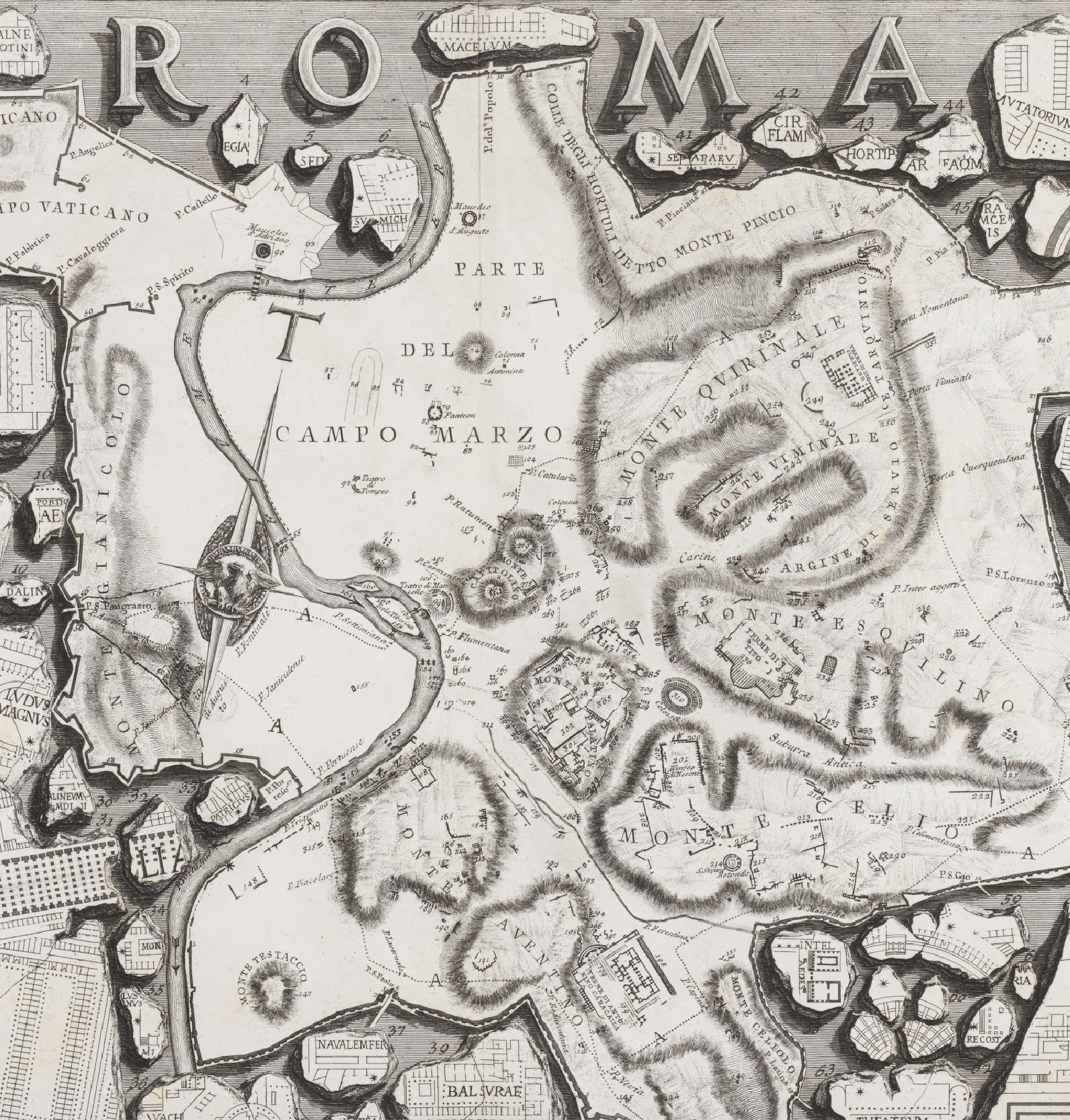 A black and white restoration of a map of marble fragments created by Piranesi. ROMA is written at the top, and the Campo Marzo is centered on the image.