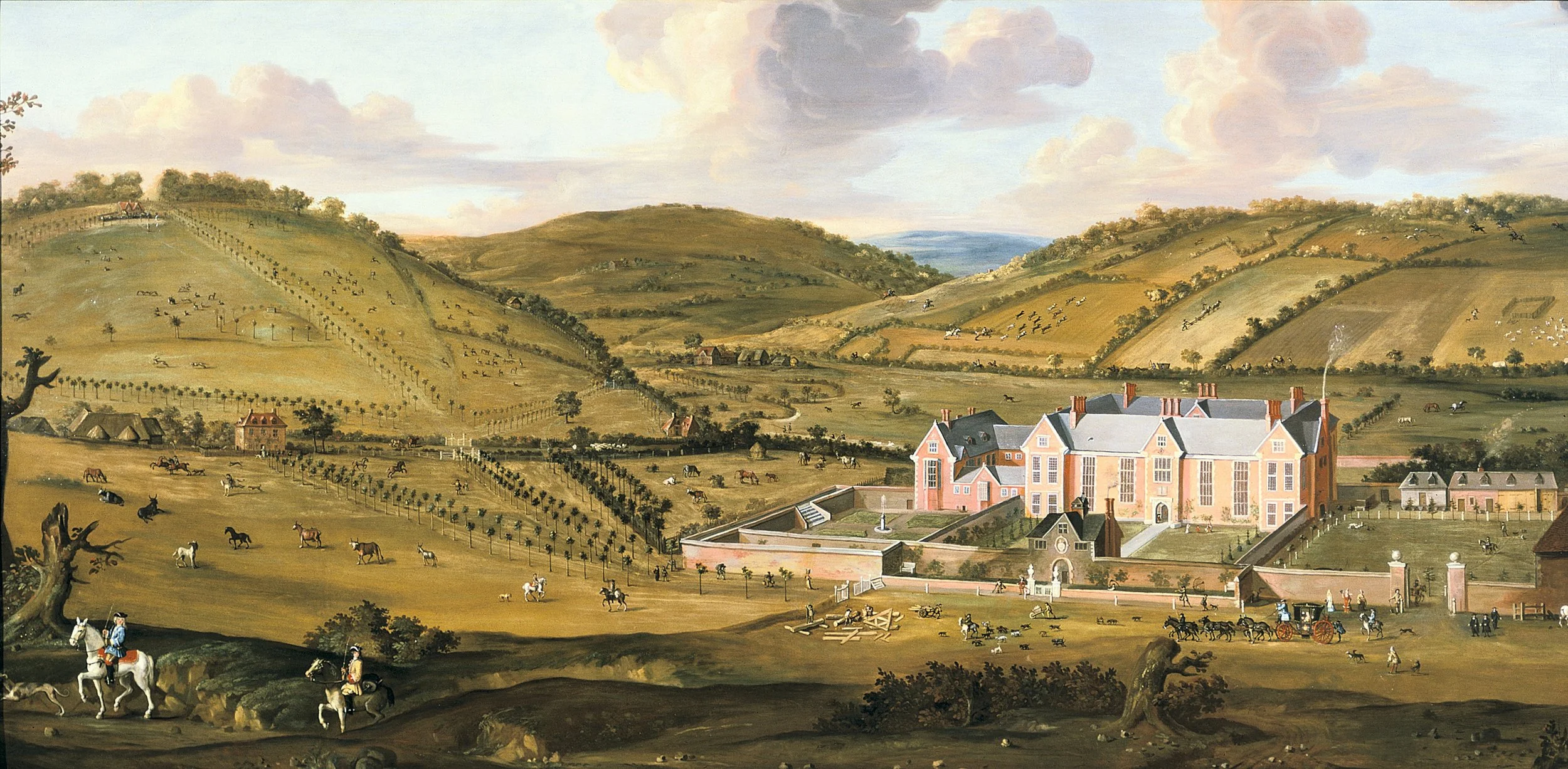 Panoramic early eighteenth-century view of Littlecote House, Wiltshire, surrounded by formal gardens, rolling farmland, tree-lined avenues, livestock, riders, workers, and carriages.
