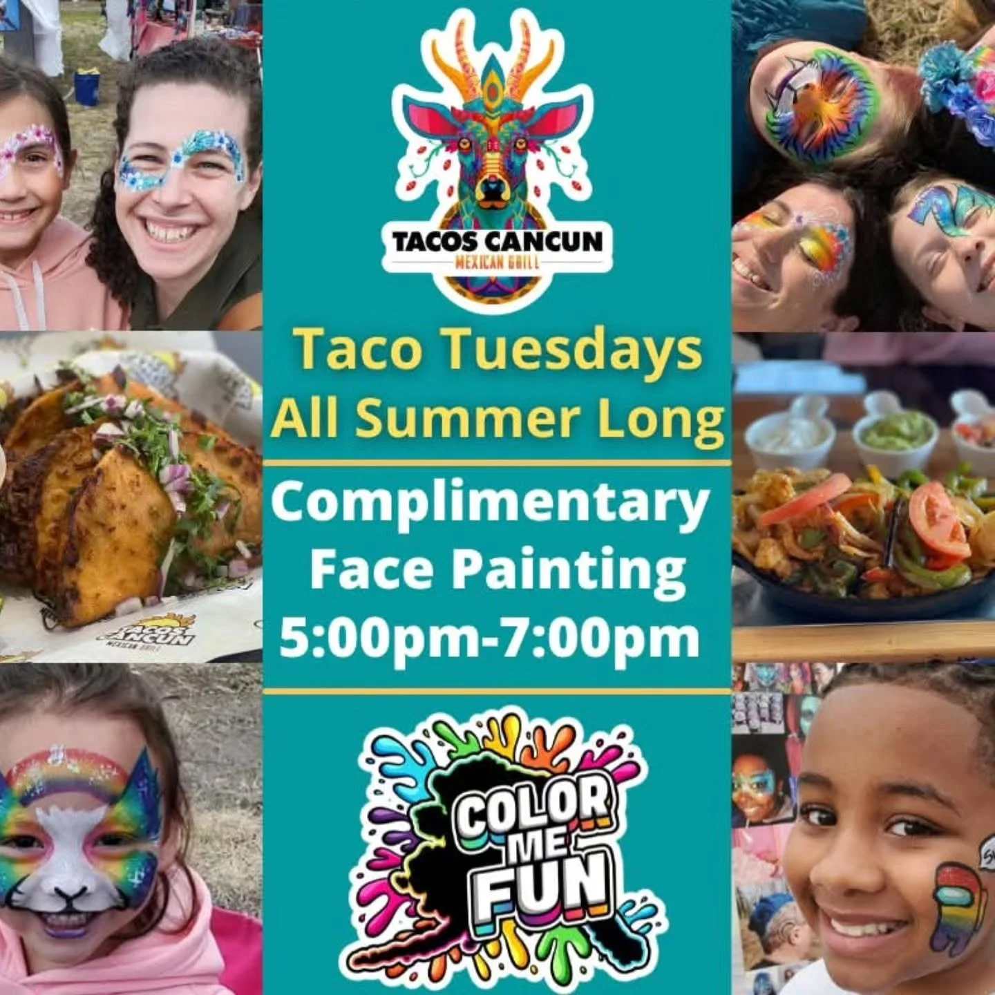 Tonight's the night! 🌮🎨

Skip cooking and come keep the summer fun going with us at Tacos Cancun Mexican Grill! Grab some amazing food and visit the Color Me Fun crew for your weekly dose of colorful magic 💜

We start painting at 5:00 PM, see you 