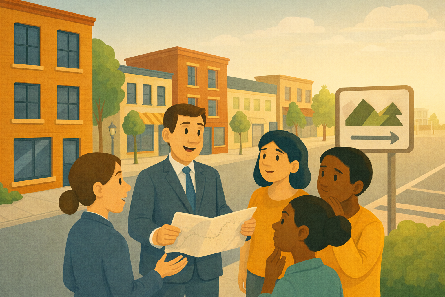 Group of five people, including a man in a suit, standing on a city street in conversation, with buildings, trees, and a road sign with mountains and an arrow in the background.