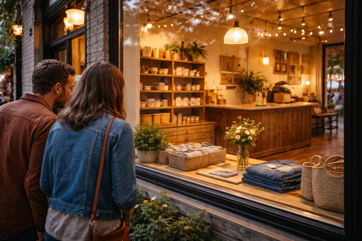 Two people, a man and a woman, looking into a warmly lit store window displaying potted plants, folded jeans, baskets, and a bouquet of flowers, with a cozy cafe interior in the background.