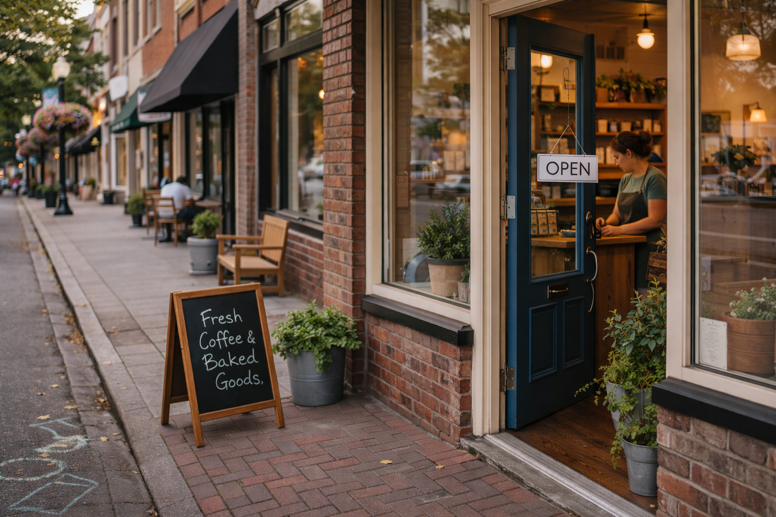 A cozy coffee shop on a brick-paved street with a chalkboard sign advertising fresh coffee and baked goods. The shop has a blue door with an 'Open' sign and warm interior lighting. Potted plants decorate the entrance, and outdoor seating is arranged along the sidewalk.