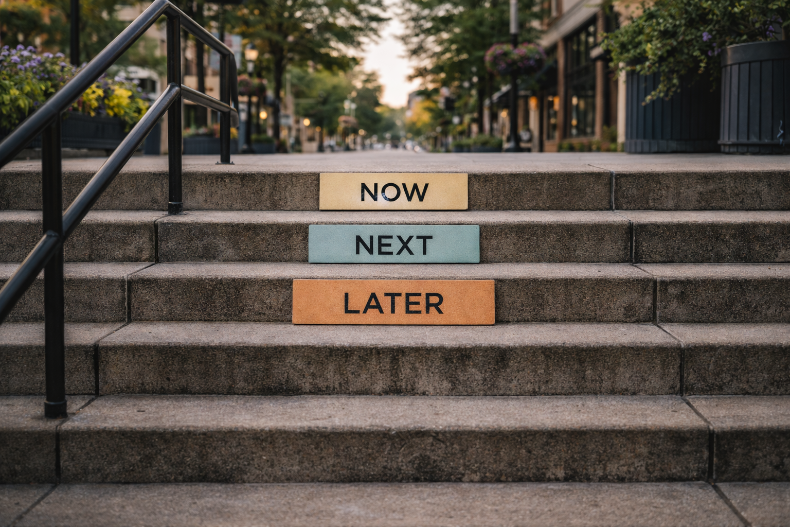 Colorful signs on stairs reading 'NOW,' 'NEXT,' and 'LATER' in an outdoor urban setting.