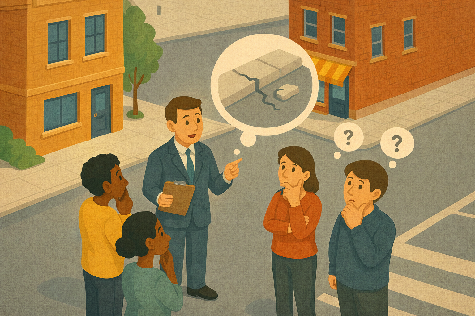 A man conducting a discussion with four people on a city street, explaining a cracked sidewalk with a raised slab. The listeners appear confused, with two women and two men, one woman in orange and one man in blue, all pondering the sidewalk issue with question marks above their heads.