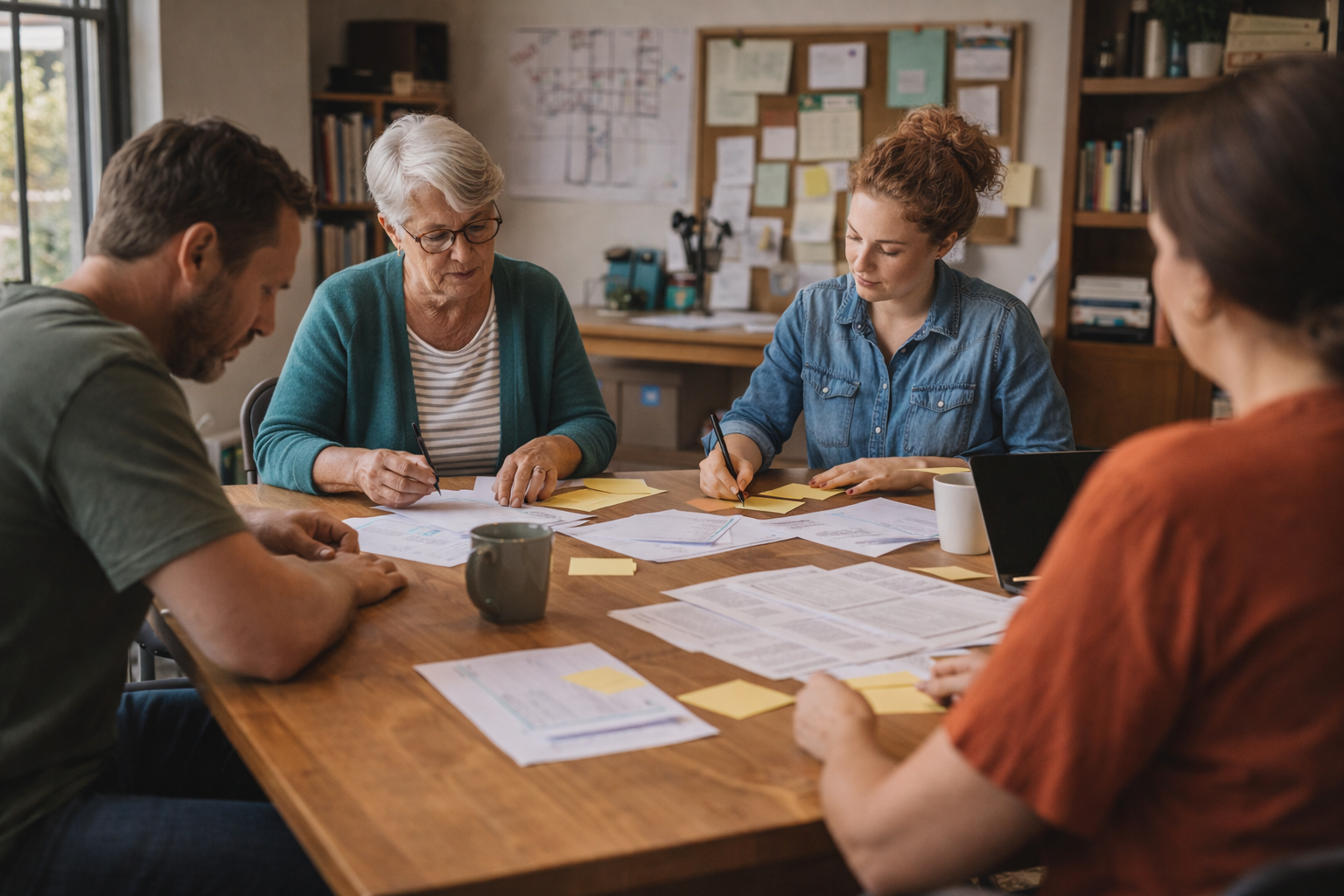 A group of four diverse people sitting around a wooden table in a meeting room, discussing papers and writing notes.