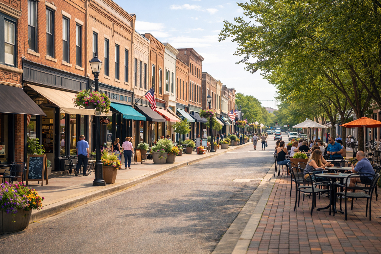 A lively downtown street with outdoor dining, storefronts, and pedestrians on a sunny day.