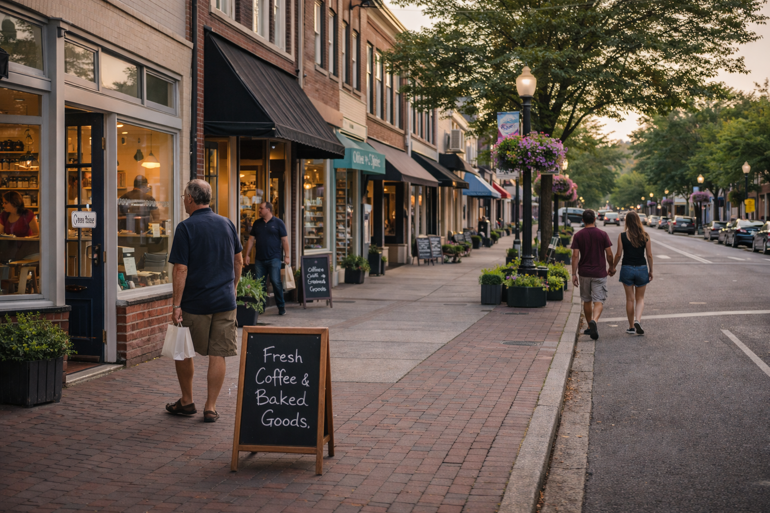 People walking down a small town sidewalk lined with shops and cafes, with hanging flower baskets and trees, during twilight.