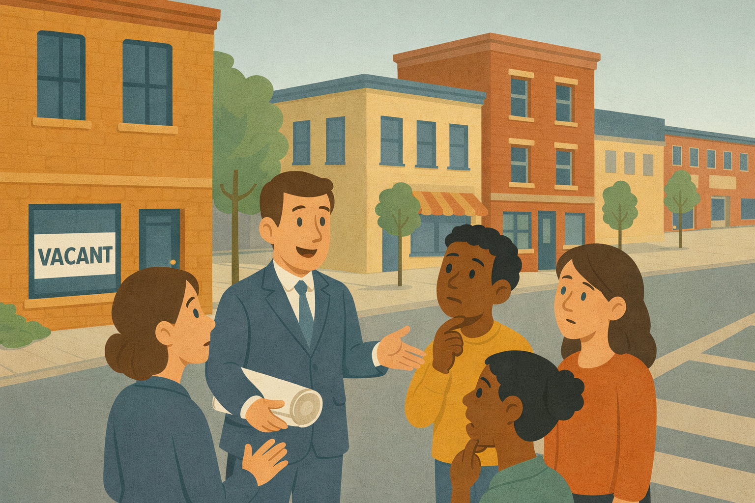 A real estate agent talking to a group of potential buyers on a city street. The agent is wearing a suit and holding a rolled-up document, while the buyers are listening with curiosity. There are colorful buildings and trees in the background, and a vacancy sign on one of the buildings.