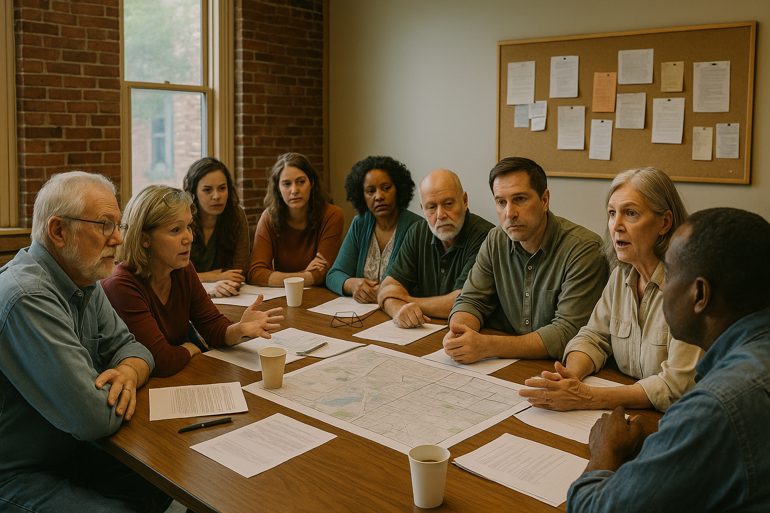 A diverse group of adults sitting around a conference table having a serious discussion, with papers, a map, and coffee cups on the table, in a room with brick walls and a bulletin board.