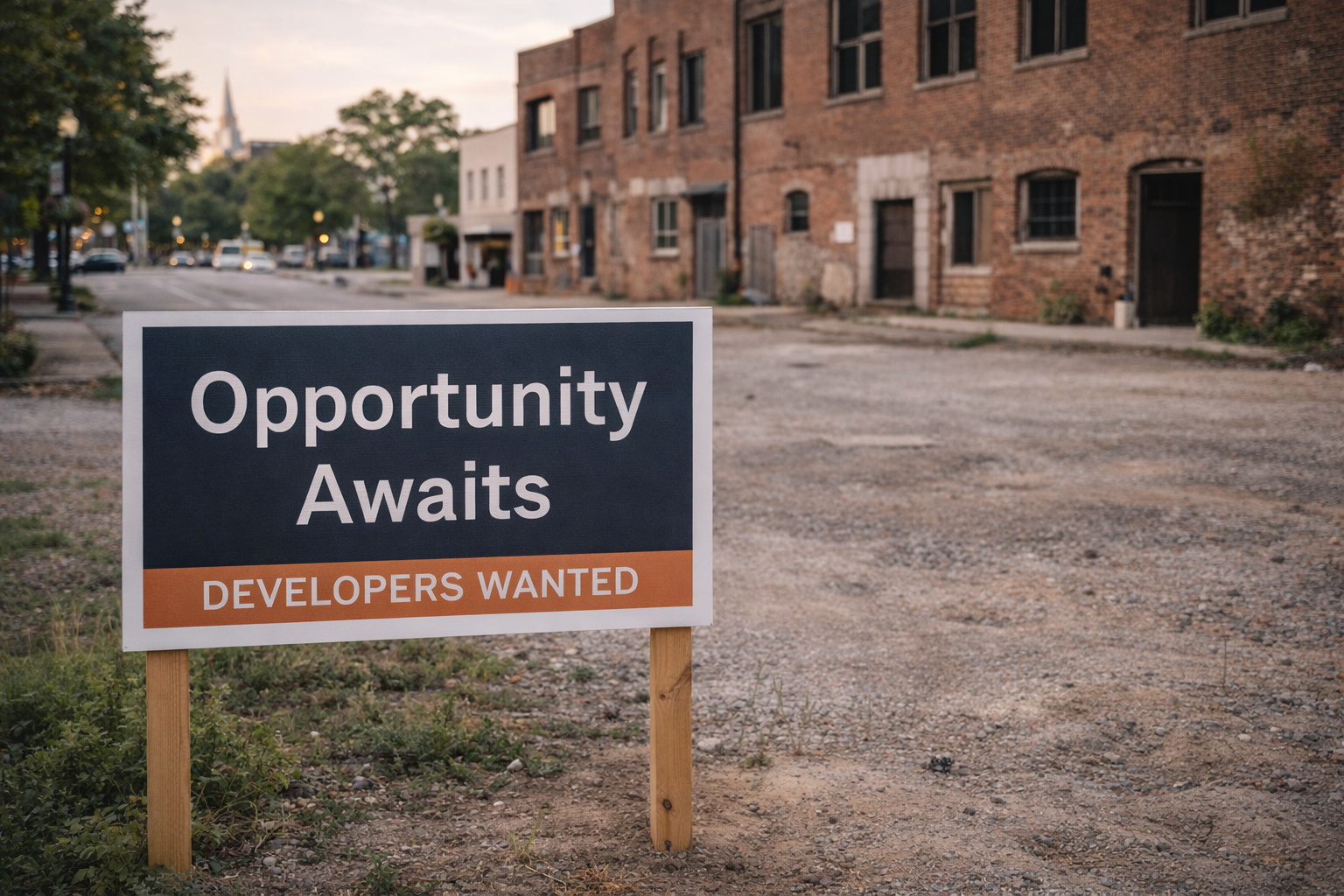 A sign on a small patch of grass and dirt that reads 'Opportunity Awaits, Developers Wanted' in front of a row of brick buildings on a street at dusk.