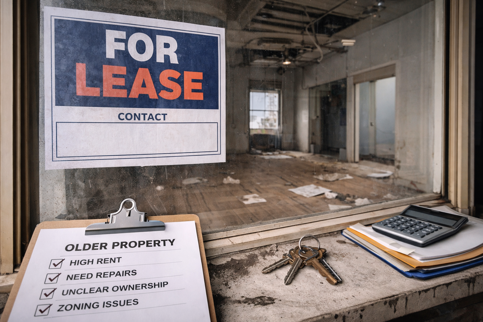A for lease sign posted on a window of a vacant, rundown property. Inside, the room has peeling paint, broken windows, and scattered papers on the floor. Items in the foreground include a set of keys, a calculator, and a clipboard with a list of property issues.