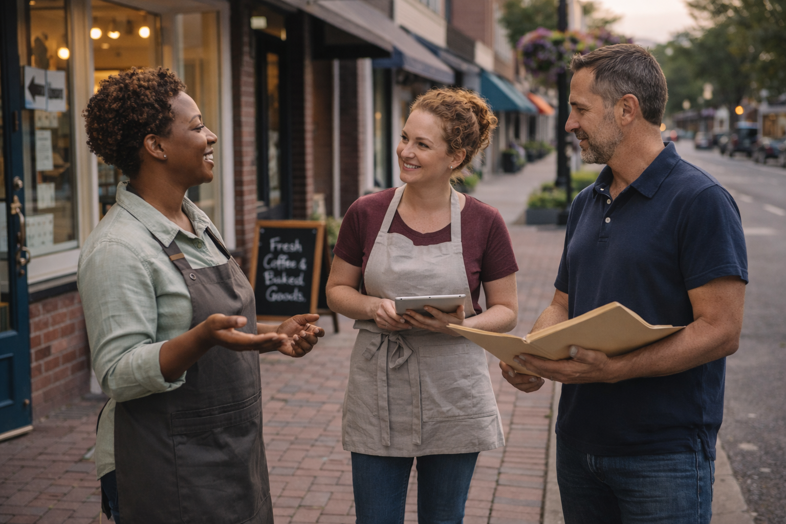 Three people standing on a sidewalk outside a storefront, engaged in conversation. The woman on the left is wearing an apron and smiling, the woman in the middle is holding a tablet, and the man on the right is holding a menu or folder, all smiling.