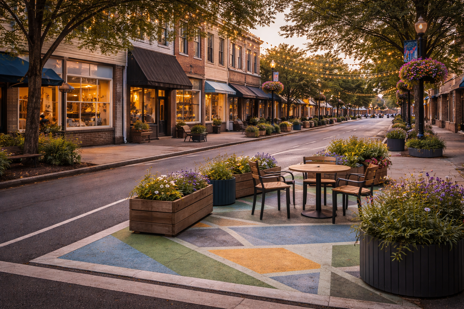 Empty outdoor seating area with wooden table and chairs on a colorful sidewalk, surrounded by planters with flowers, along a quiet street with storefronts and string lights at sunset.