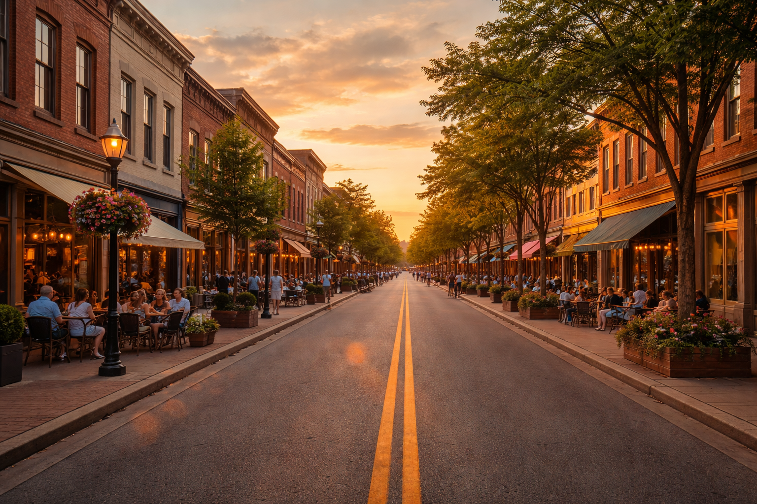 A lively downtown street at sunset with outdoor dining and people walking along the sidewalk, lined with historic brick buildings and trees.