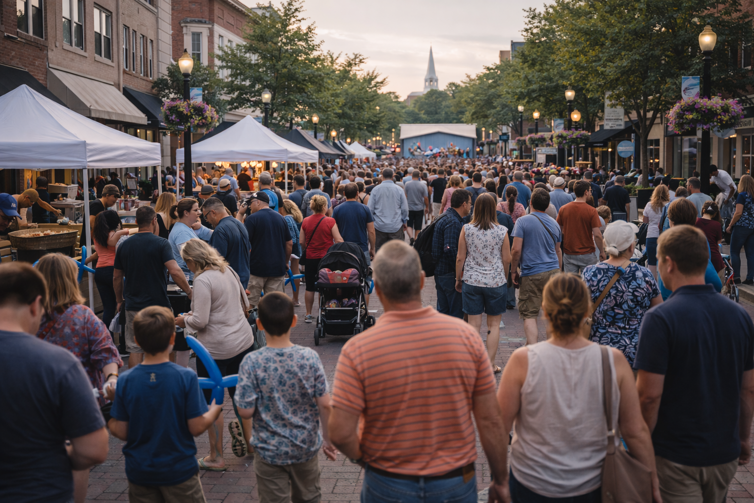 A crowded outdoor street fair or market in the evening with many people walking among tents and shops, and a stage with balloons in the background.