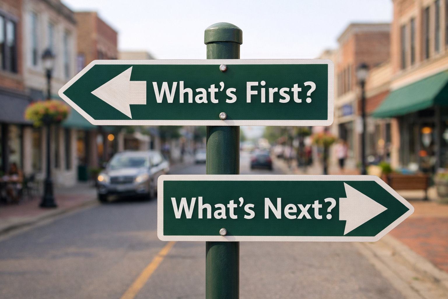 Street sign with two green directional arrows and white text. The top arrow pointing left says 'What's First?' The bottom arrow pointing right says 'What's Next?' The street scene in the background shows cars, buildings, and people on a sidewalk.