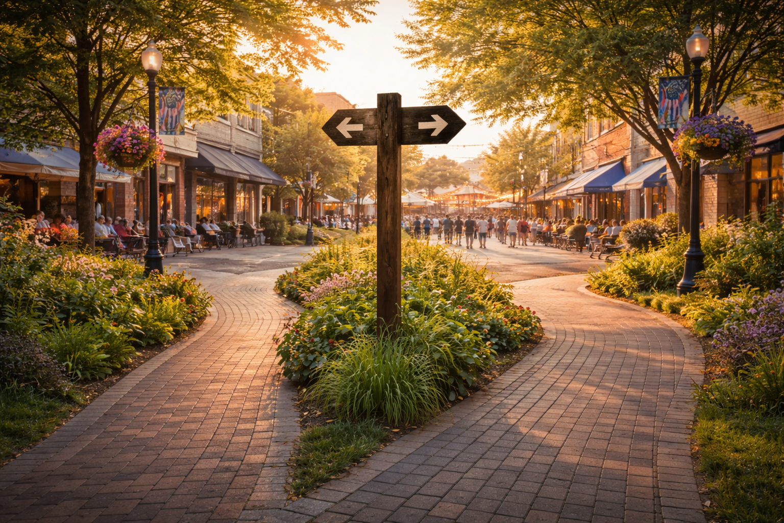 A pedestrian street with brick pathways, surrounded by shops and cafes, lined with trees and colorful flowers, at sunset, with a wooden signpost with arrows pointing left and right at the intersection.