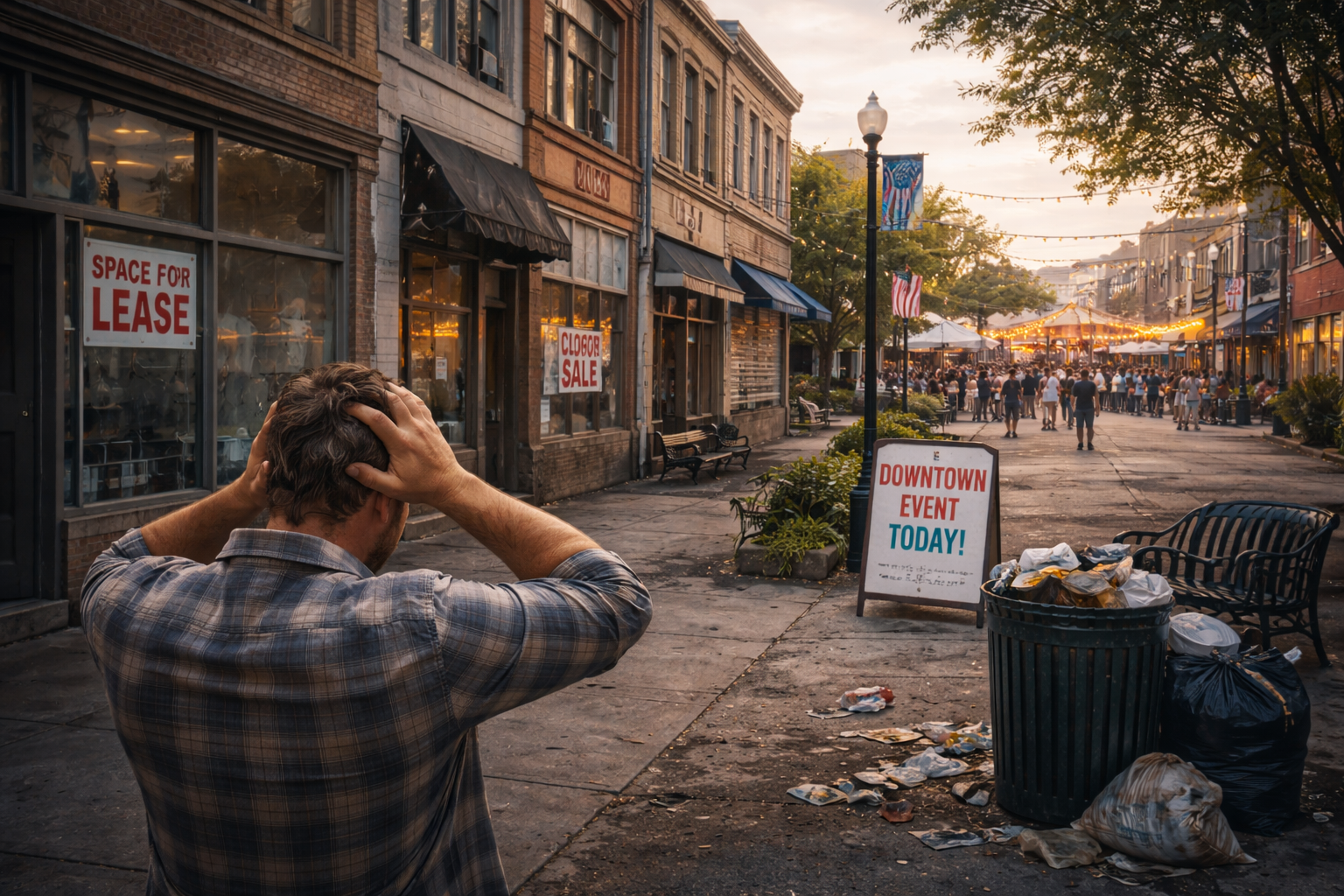 A man with messy hair holding his head in confusion while standing on a busy downtown street at sunset. There are storefronts with 'Space for Lease' and 'Clogor Sale' signs, and a sign that reads 'Downtown Event Today!' The street is lively with people, and there is trash scattered on the ground near a trash can.
