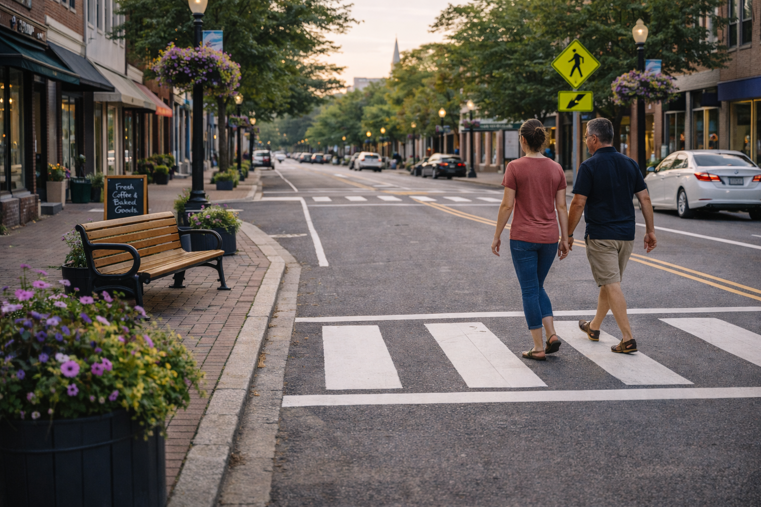 A couple walking hand in hand across a crosswalk on a lively downtown street at sunset, lined with shops, parked cars, and floral decorations.