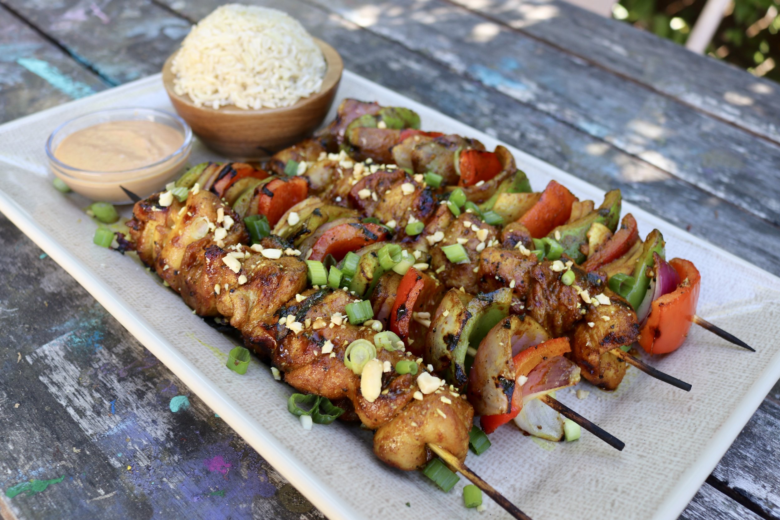 Chicken and Veggie Skewers With Peanut Sauce