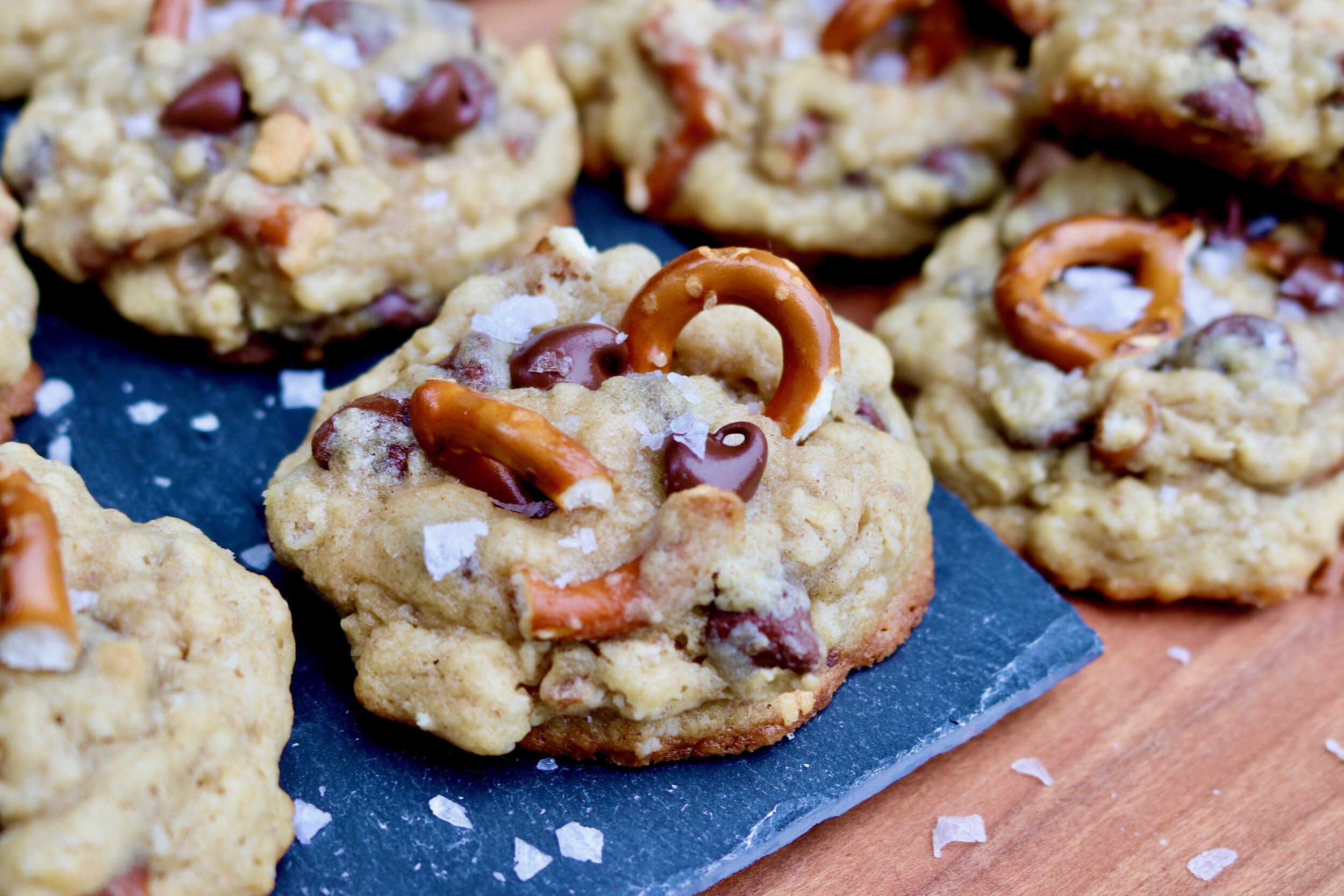 Salted Chocolate Chip Oatmeal Pretzel Cookies