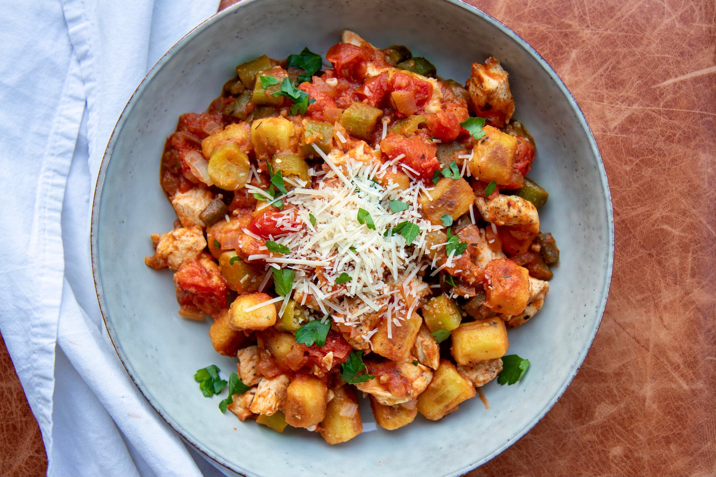 Chicken, Okra and Tomato Stew with Fried Gnocchi