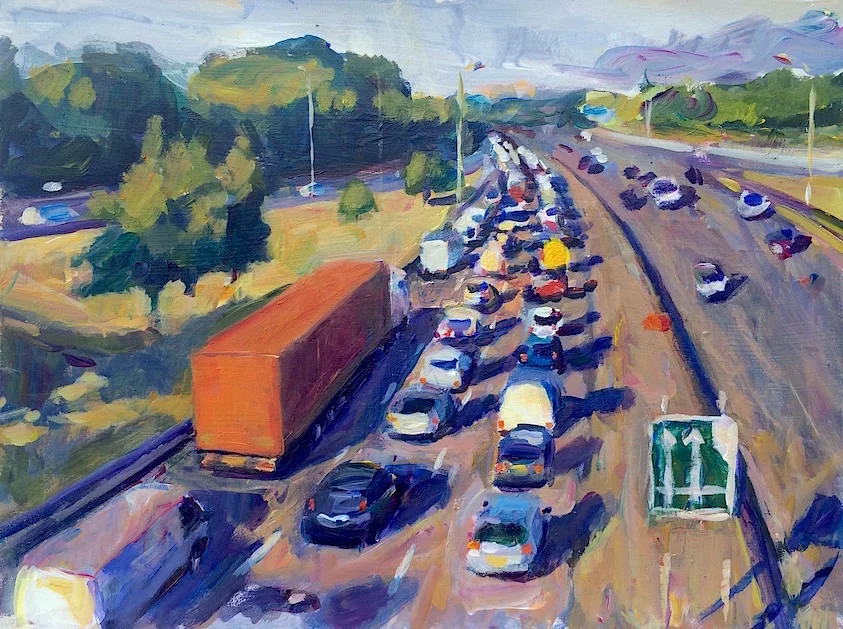 Tailback on A406 (North Circular Road) 2015 acrylic on board, 30 x 40 cm