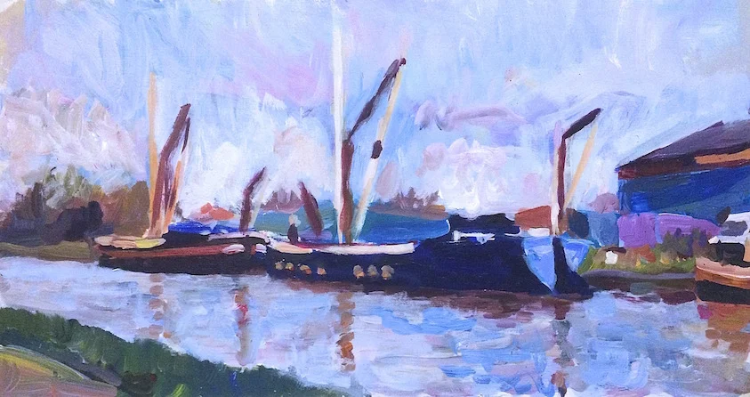 Sailing Barges by Tottenham Lock at Dusk 2013 acrylic on board, 20.5 x 38 cm