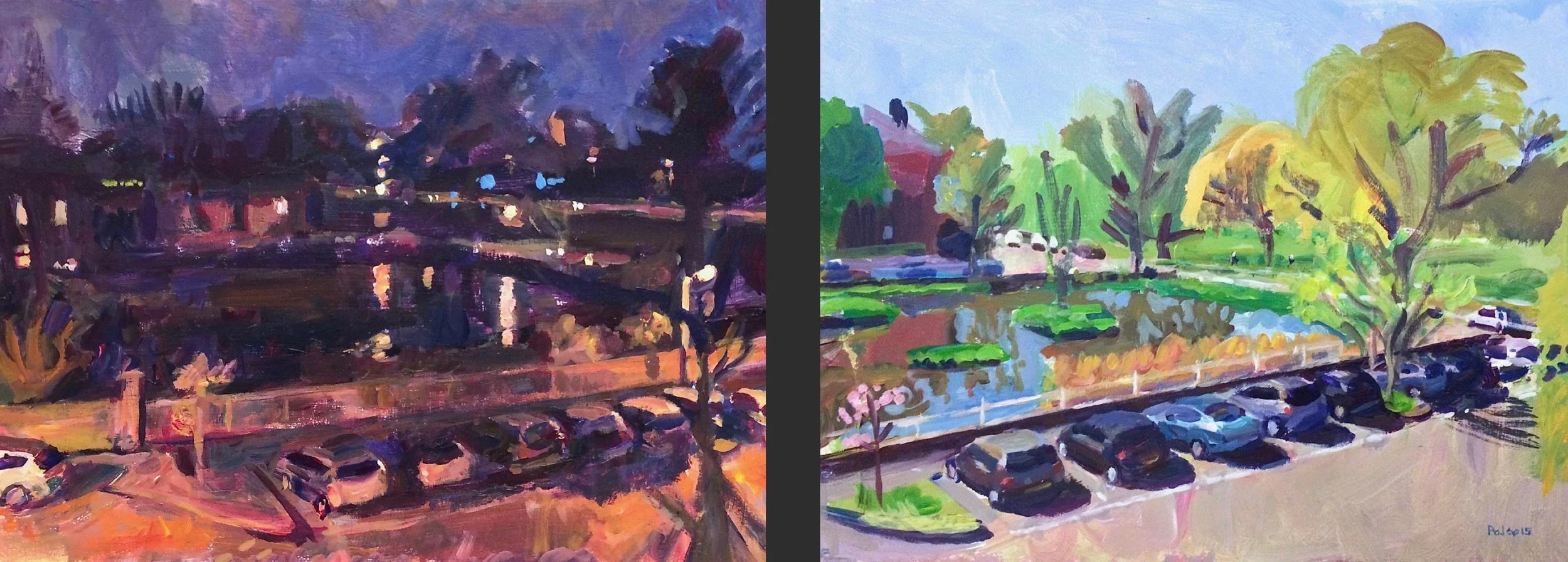 Kew Green, Night & Kew Green, Spring , acrylic on board