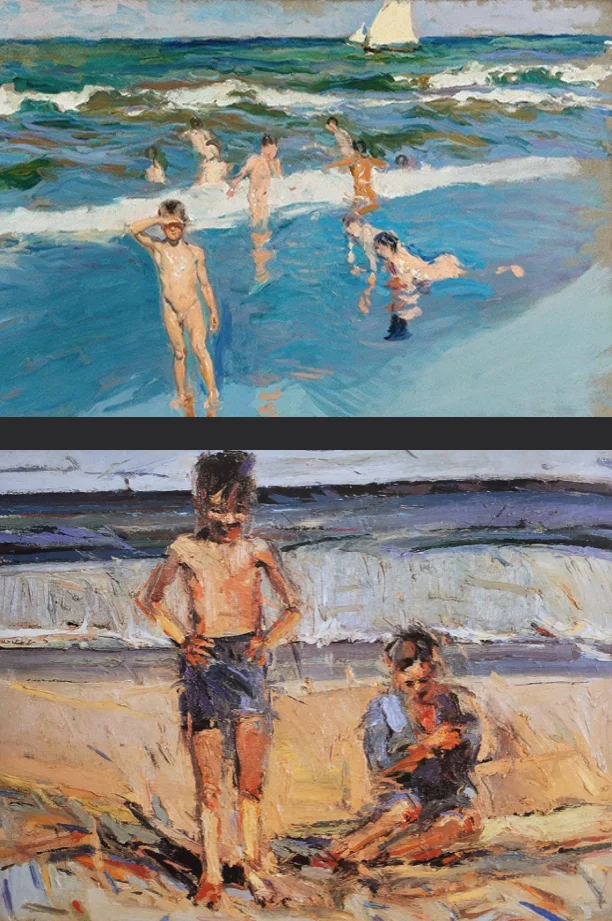 Top: Joaquín Sorolla Children in the Sea, Valencia Beach 1908 oil on canvas (Image source: Sotheby’s ) Bottom: Wayne Thiebaud Beach Boys 1960 oil on canvas (Image source: Karen Tsujimoto / University of Washington Press)