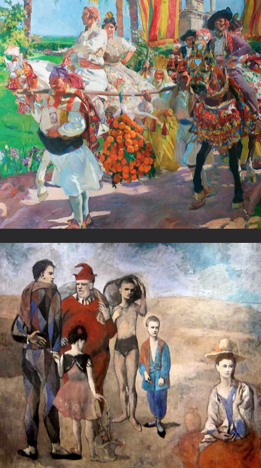 Top: Joaquín Sorolla Valencia, Las Grupas 1916 oil on canvas (Image source: Wikimedia Commons ) Bottom: Pablo Picasso The Family of Saltibaques 1905 oil on canvas (Image source: pablopicasso.org )