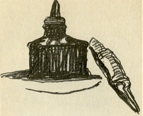Philip Guston: Ink Bottle and Quill 1968 charcoal on paper 12.5 x 15.5 inches (image source: theparisreview.org )