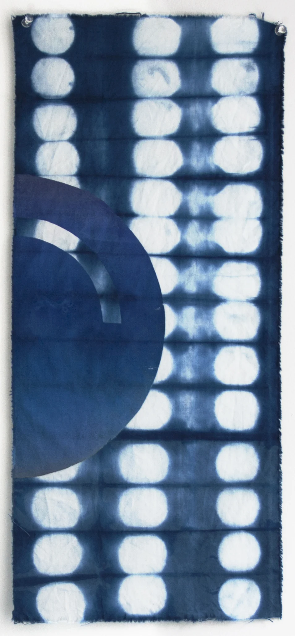 Lunar Phase Shibori 9.5 x 21 in Natural indigo dye shibori, and screenprint on cotton 2017