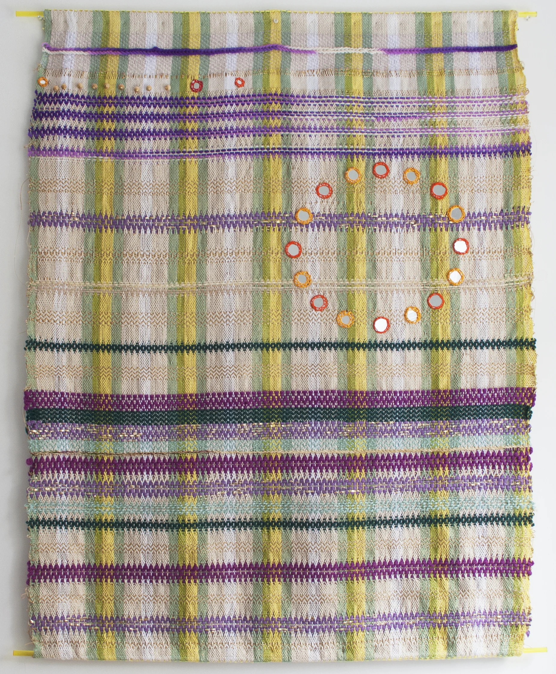 Metallic Mandala Handwoven Tapestry Mixed yarns, metallic threads, mirrors, and glass rod. 43 x 36 in 2017