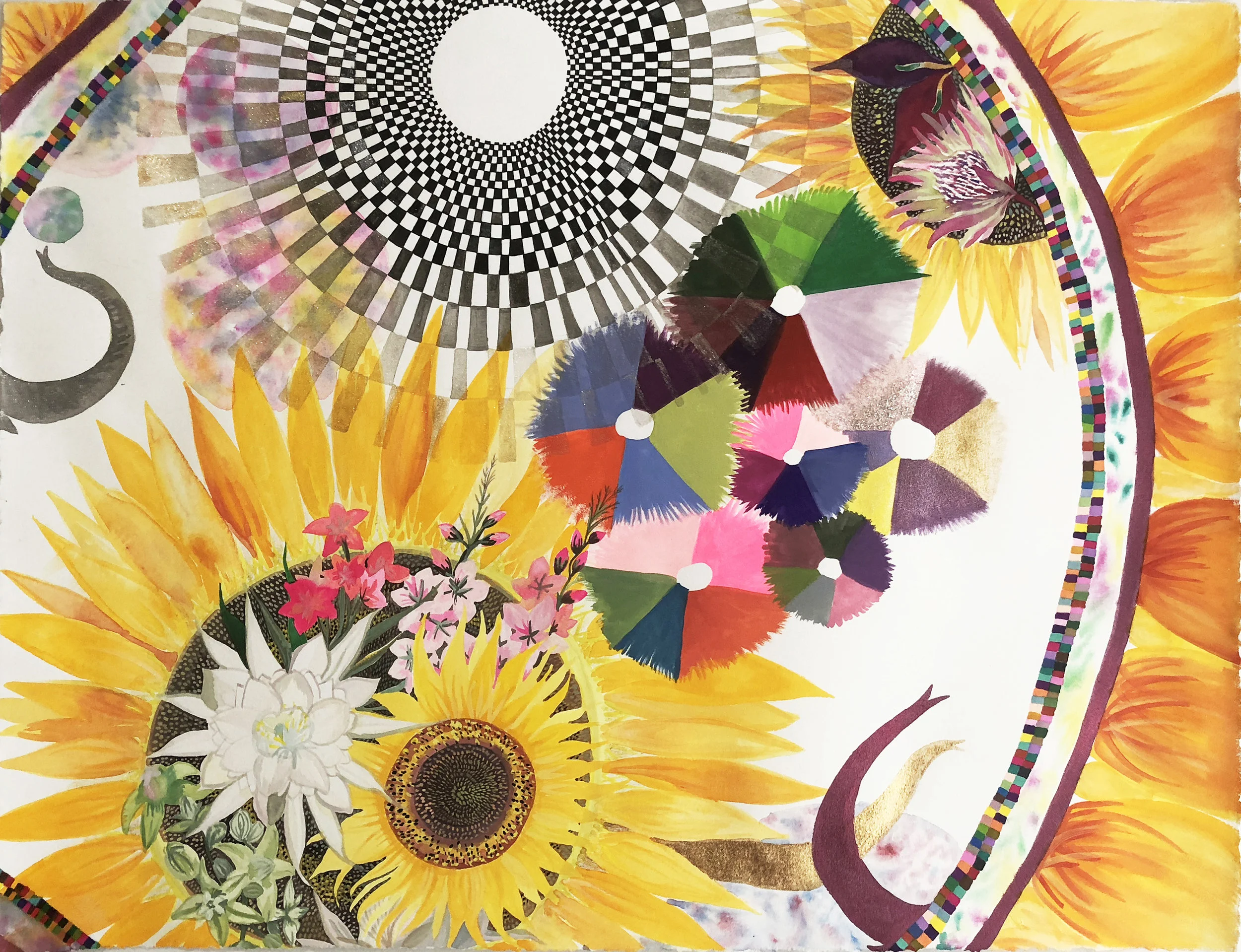In the Eye of the Sun gouache, watercolor, marker, metallic pigment, and makeup on paper 20 x 26 in 2018