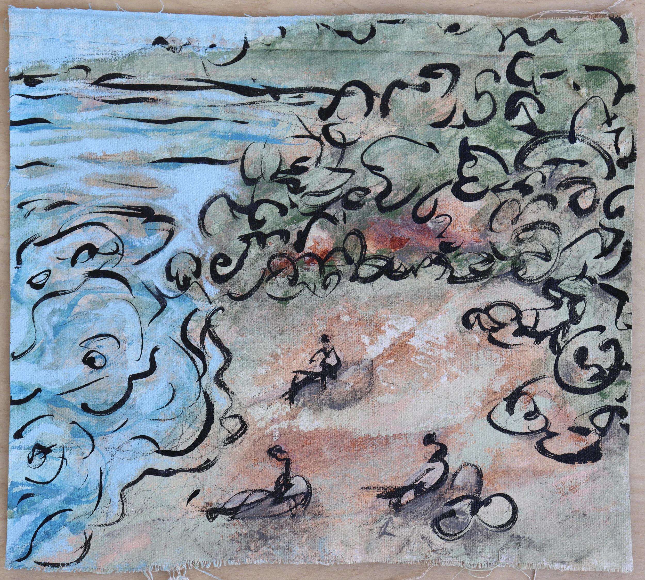 "Sunbathing at the Beach, (Jeløy, Norway), Acrylic on Canvas, 18"W x 16"H, 2021