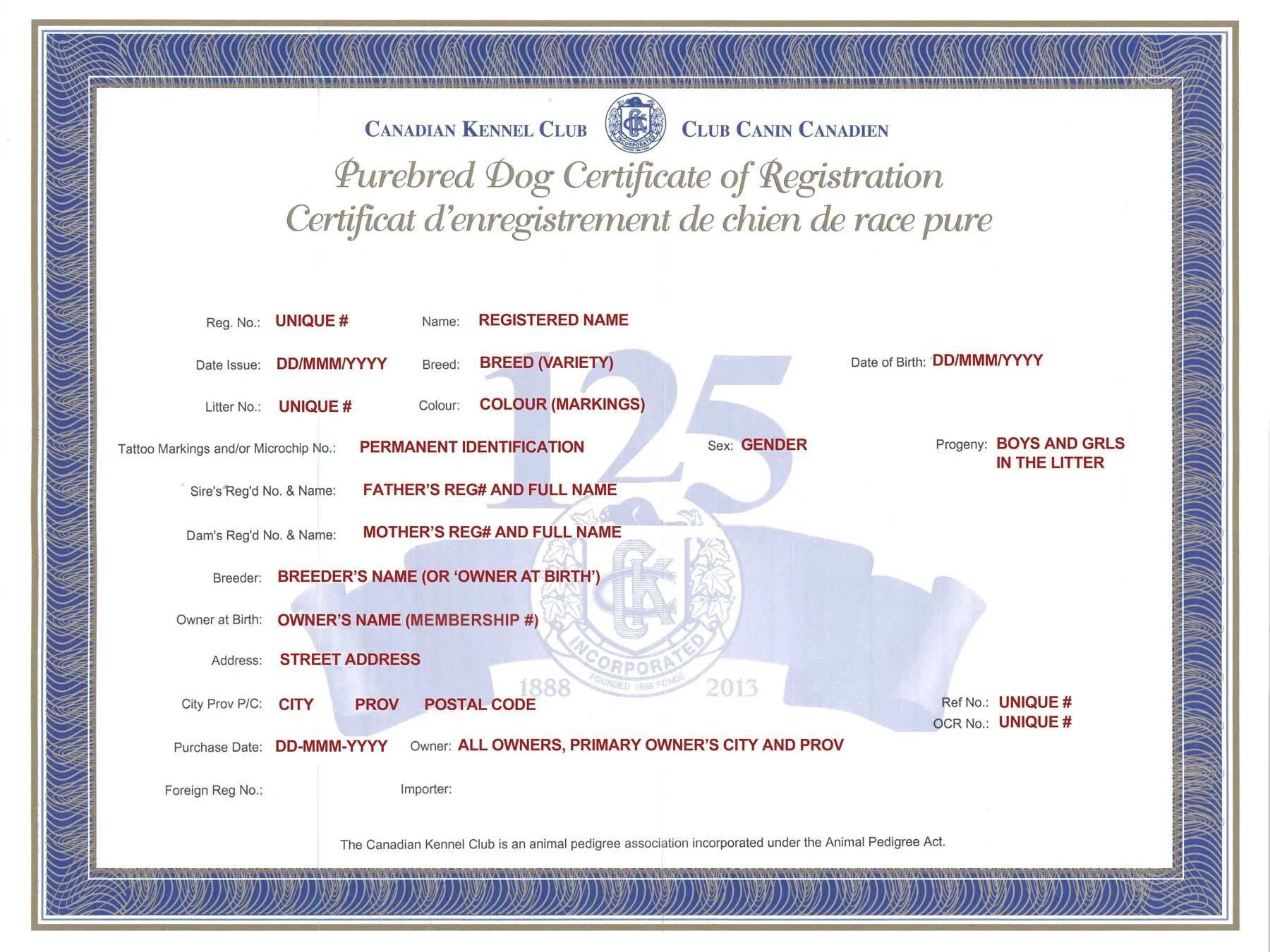 An example of the Canadian Kennel Club Purebred Registration Certificate