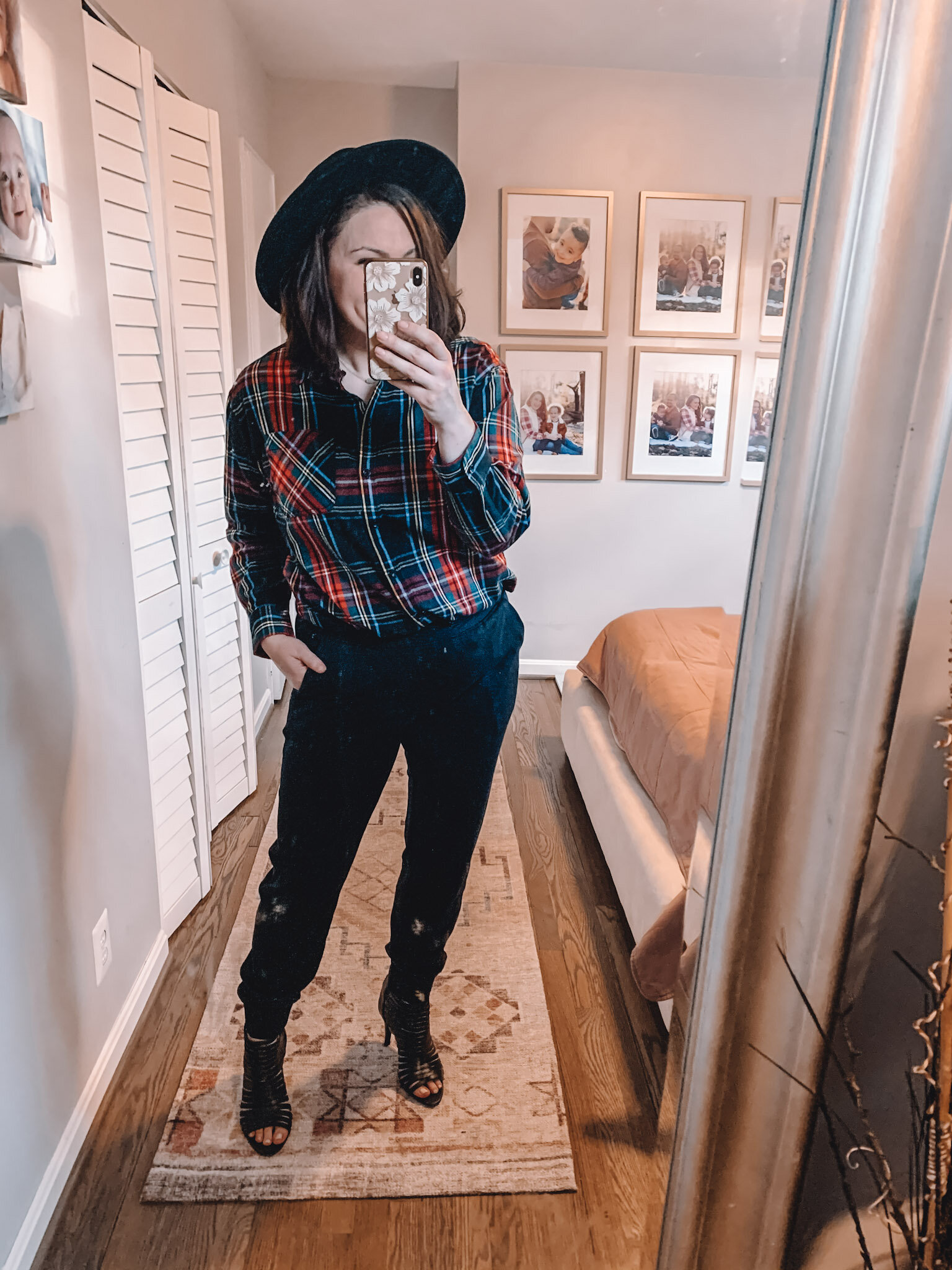 Plaid Top and Joggers with Heels.jpg