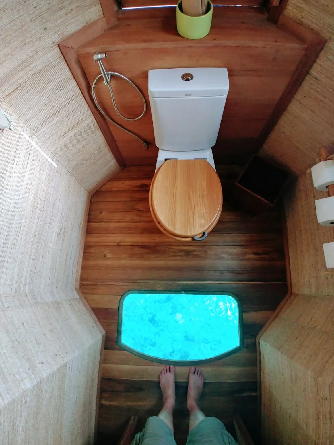 Welcome to *probably* the world's most insane toilet...while you can pee and shit with a view (most of the time you can see the tiny crabs on the poles during the day)...and no your pee and shit do not go down there