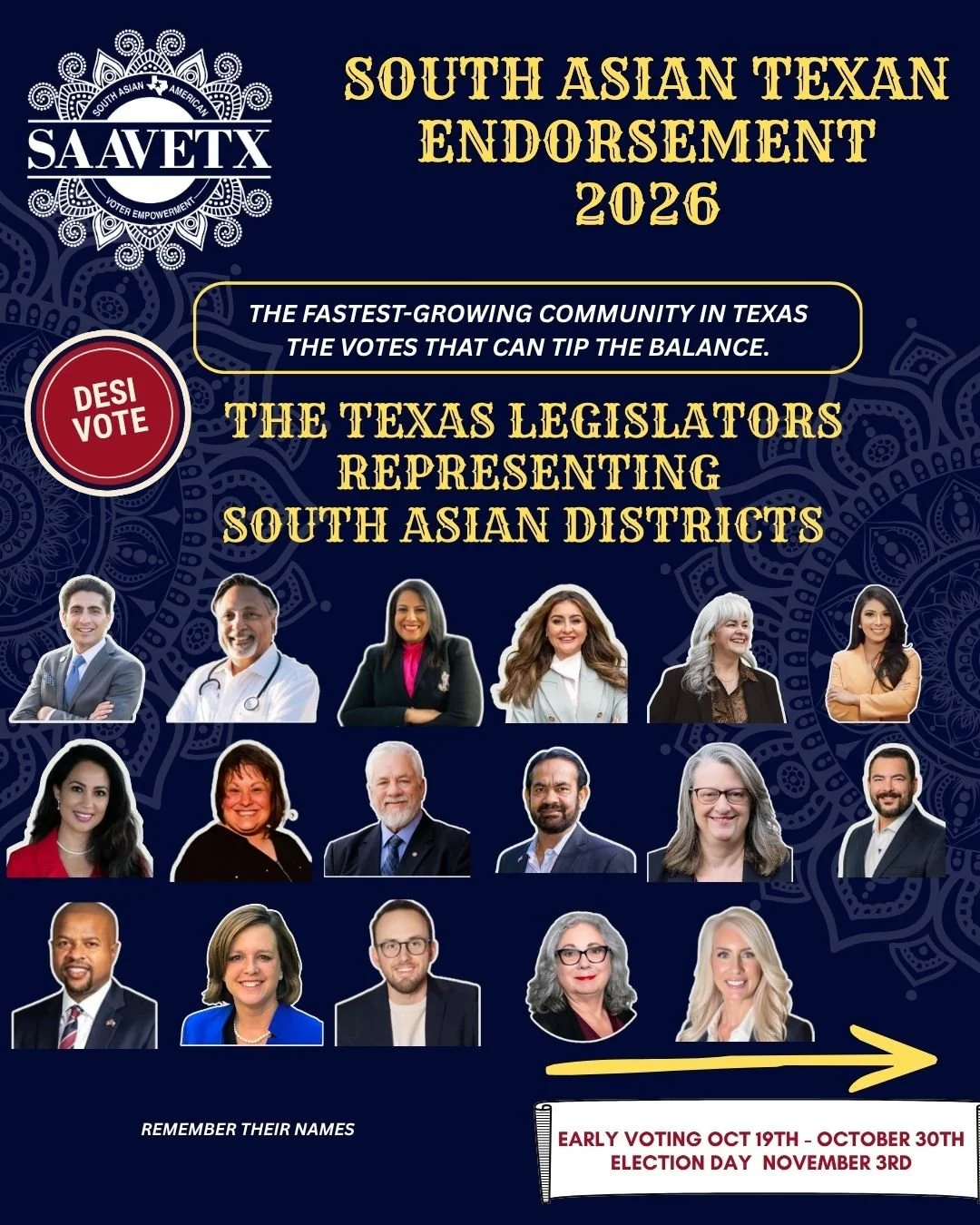 YOUR STATE REPRESENTATIVE HAS A LOT TO SAY ABOUT YOUR LIFE.

VISIT OUR WEBSITE https://saavetx.org/2026elections
And yes &mdash; that includes your life as a South Asian Texan.
Our endorsed candidates put South Asians in Texas first. 

The Texas Legi