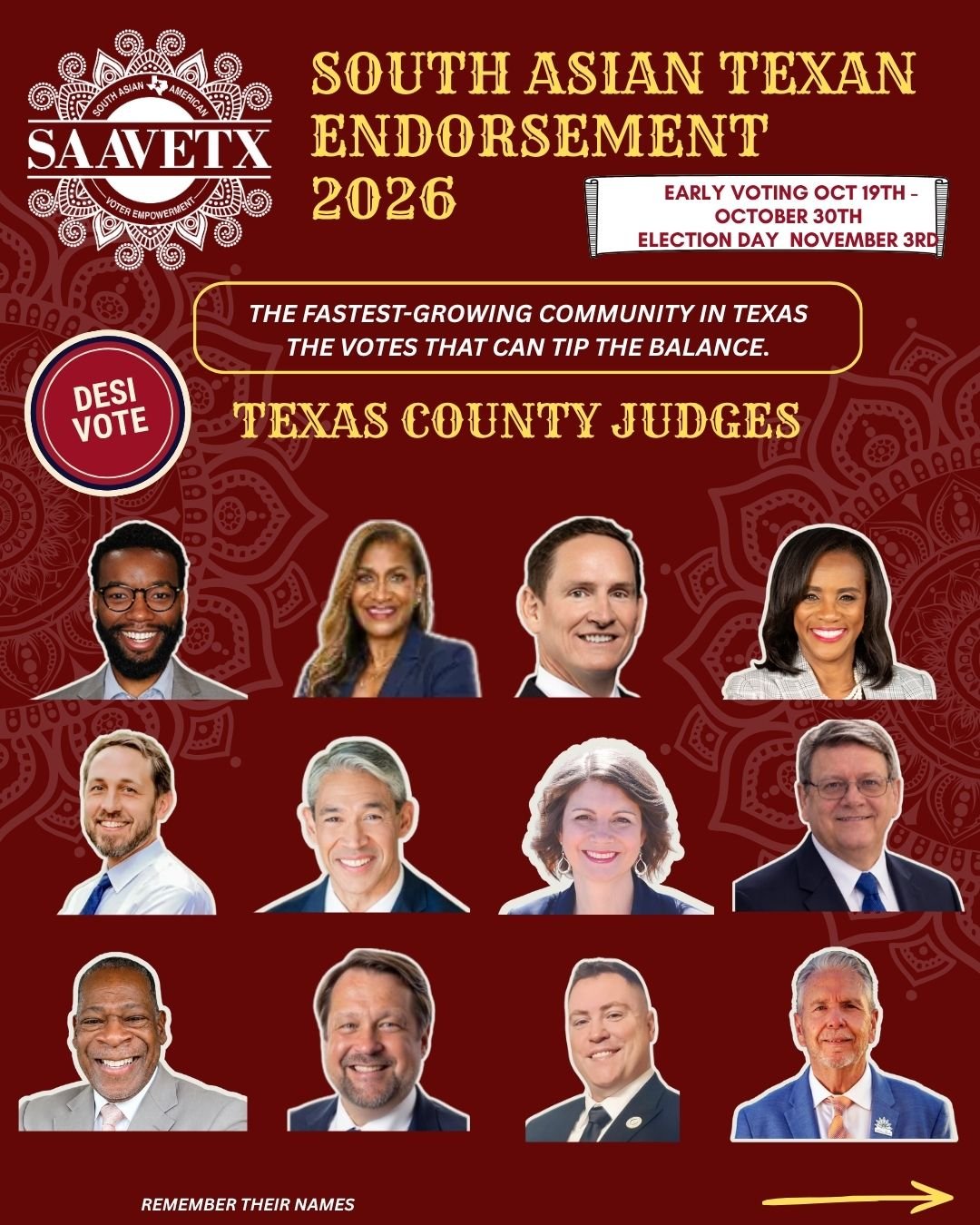 saavetx
COUNTY JUDGES: ONE OF THE MOST POWERFUL LOCAL OFFICES IN TEXAS

At SAAVETX, we proudly endorse candidates who will stand with the South Asian community when hate rises, when our communities are targeted, and when support and solidarity are ne