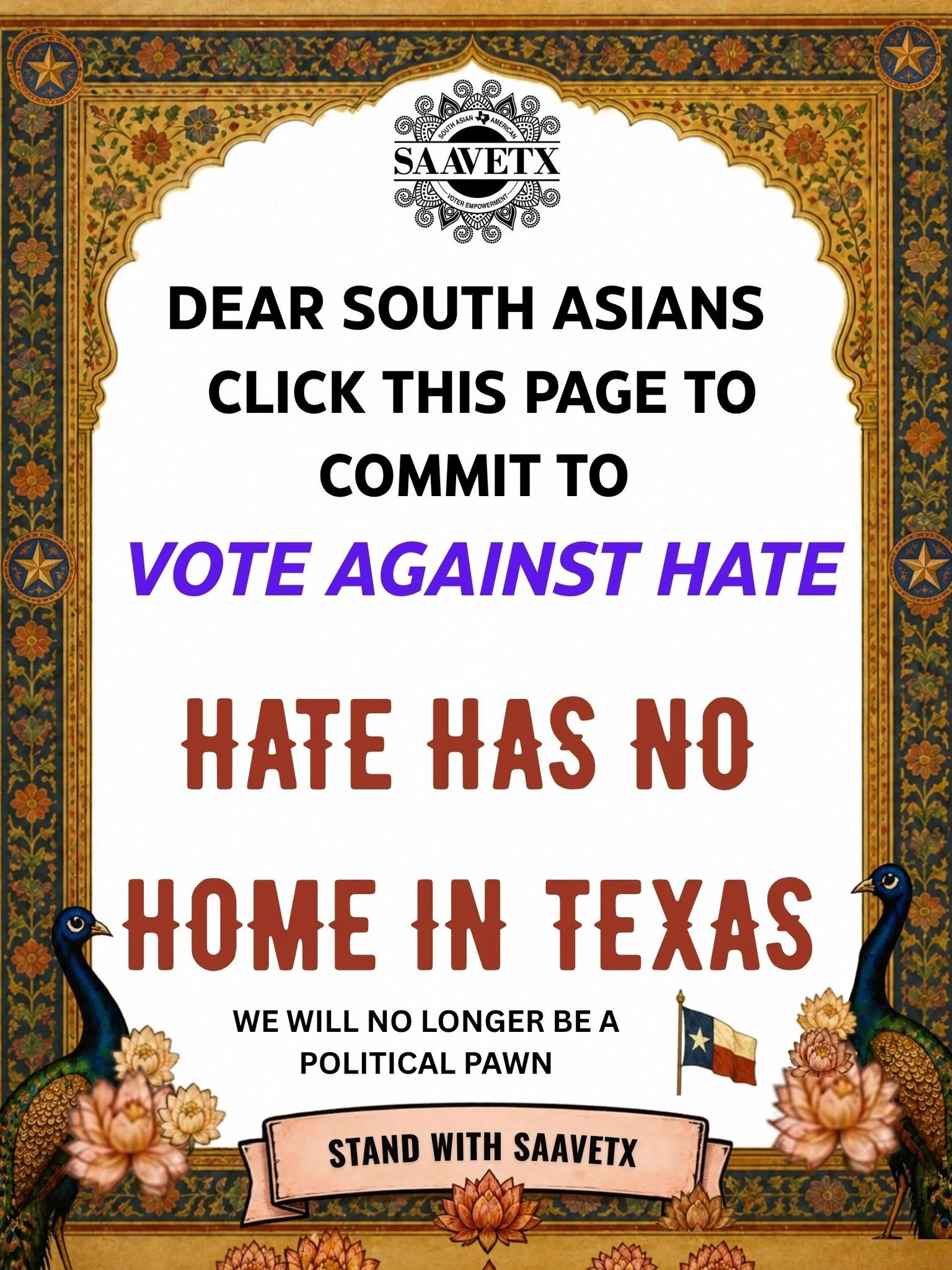 Dear South Asian Community,

Sign a pledge against hate - https://forms.gle/6cNd4ja4Vsf6X2nW7

We are tired. We have seen too much hate directed at our community, too much fear, and too many attempts to divide us. But we will not be intimidated into 