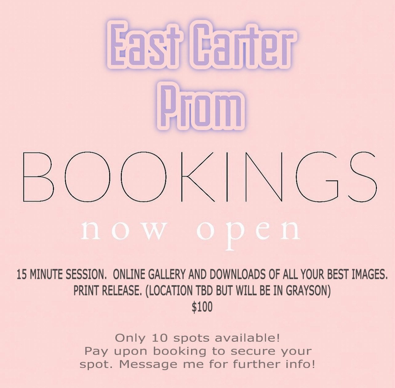 ‼️Now Booking EAST PROM Sessions!‼️
Message me to secure your spot! I'm only taking 10 total and 3 are already booked. With only 7 left these will go fast! 💖