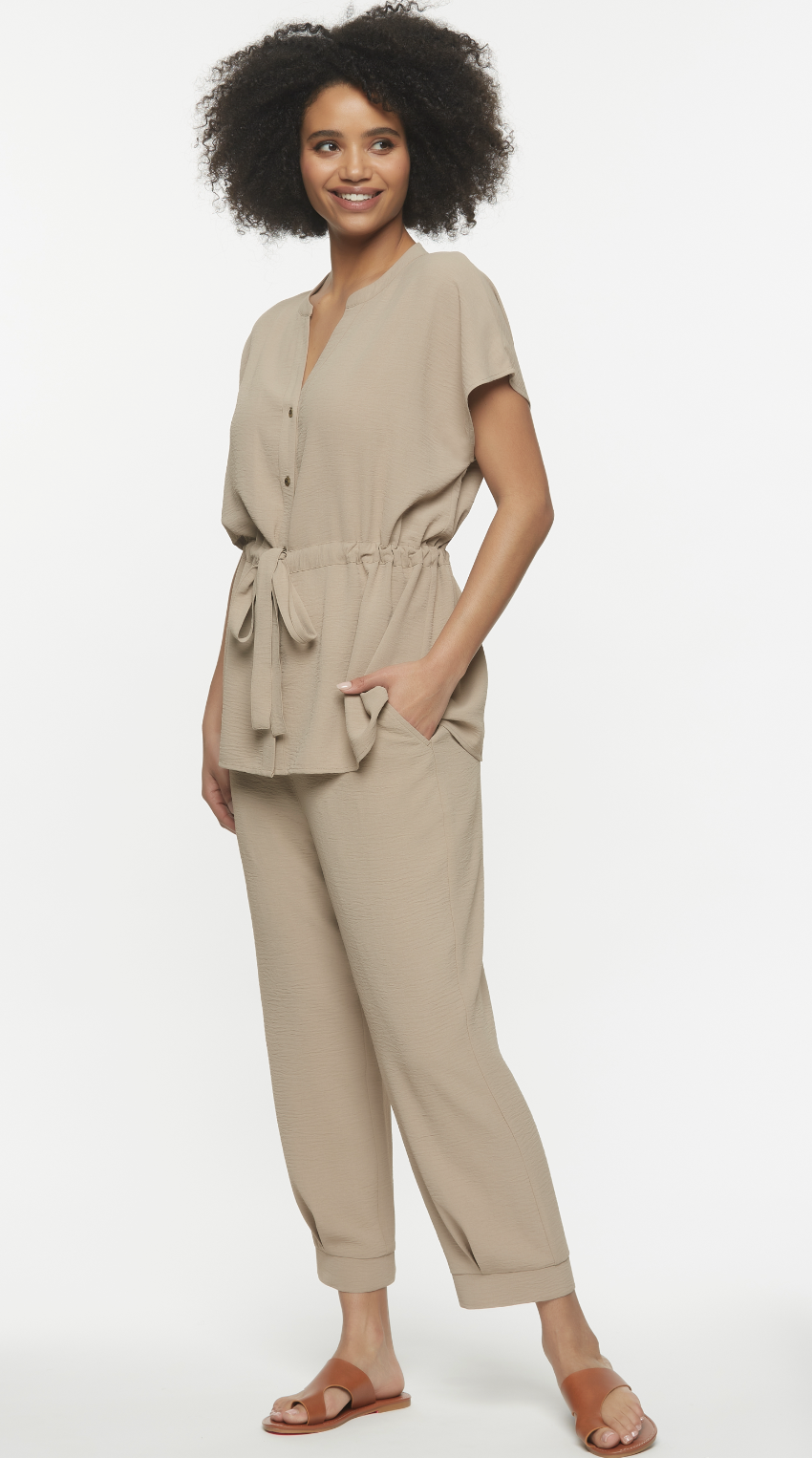  Texture Button Front Belted Top / Pull-On Cropped Pant 