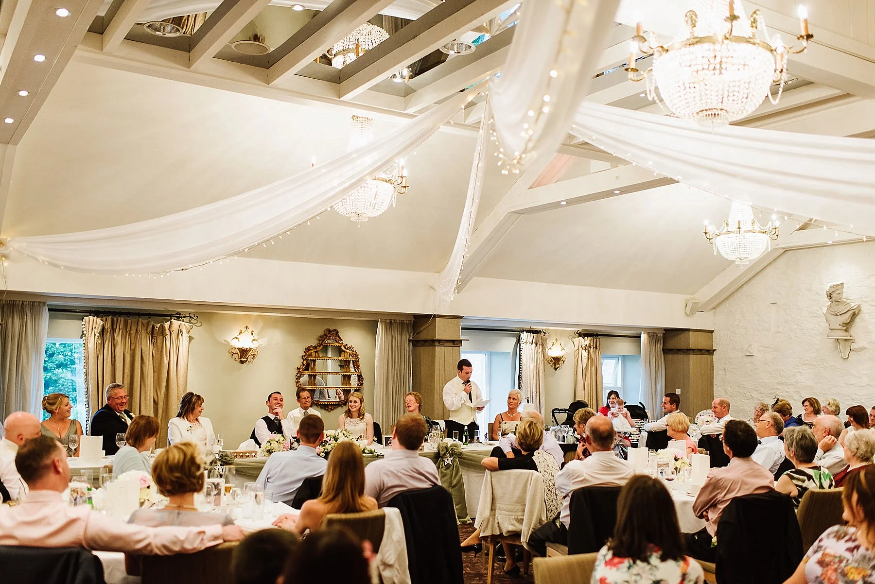 Wedding breakfast room at Stnaley House shown as a wide angle