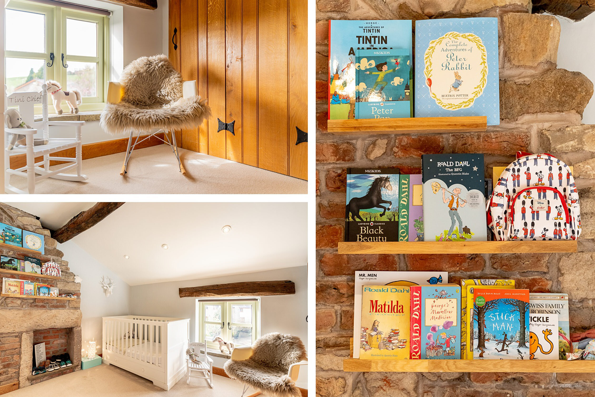 3 photos of a kids room with books, cot, and feeding chair (Copy)