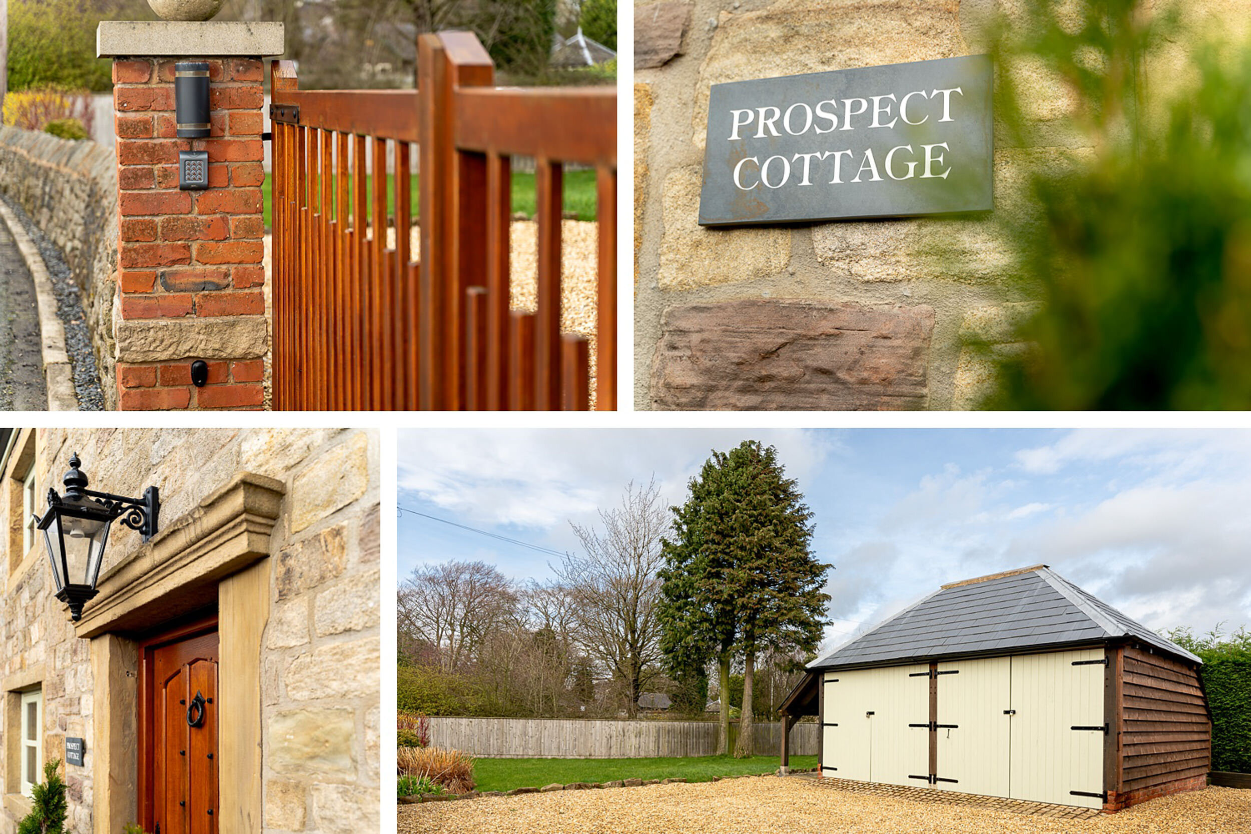 Montage of four detail photos containing gates, garage, door and name plate (Copy)