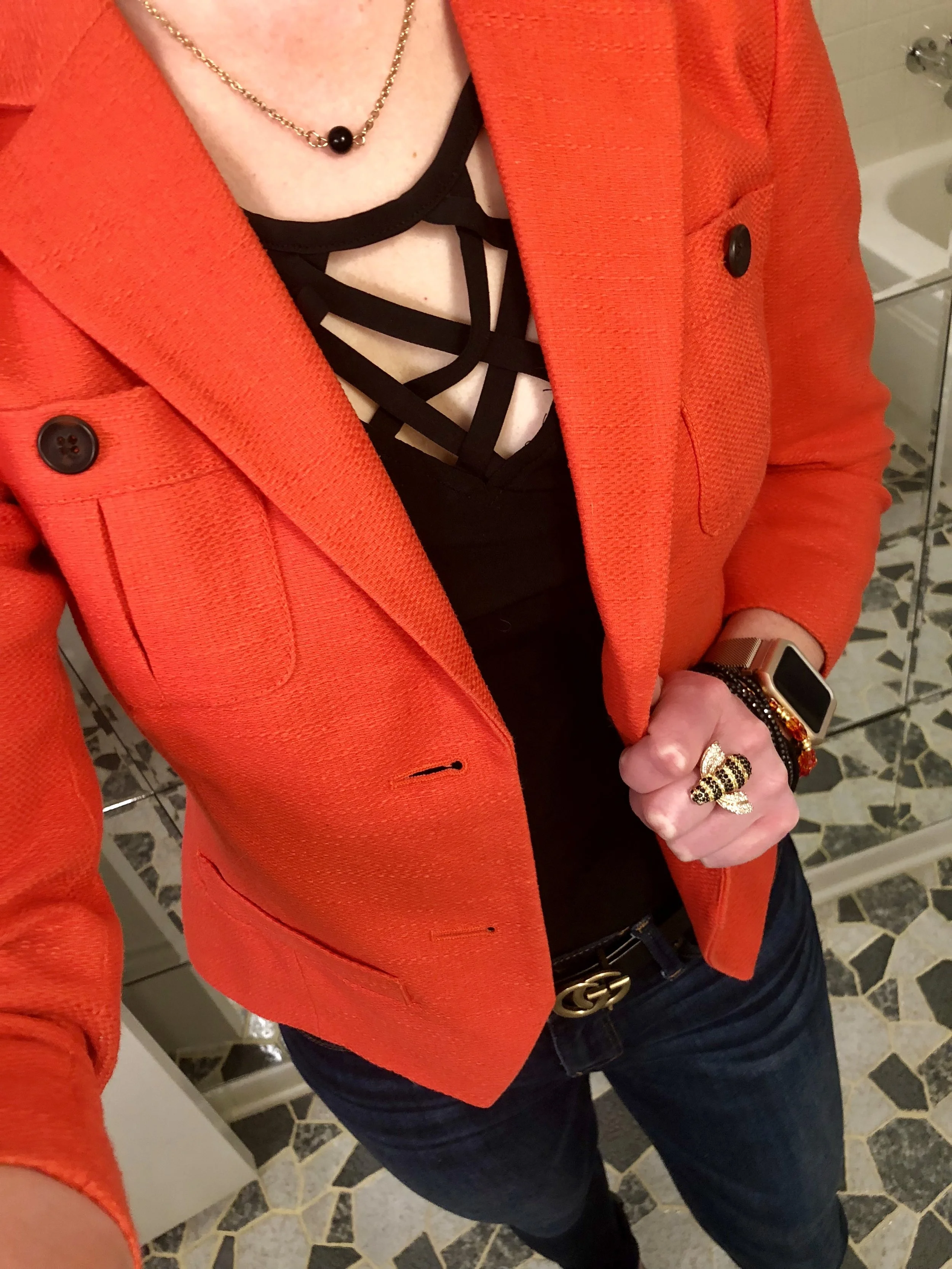 With the neckline on this top under my blazer, I generally would not even wear a necklace, as to not to detract from the neckline. However, I thought pairing the dainty black onyx necklace was a perfect way to draw more attention to the neckline!